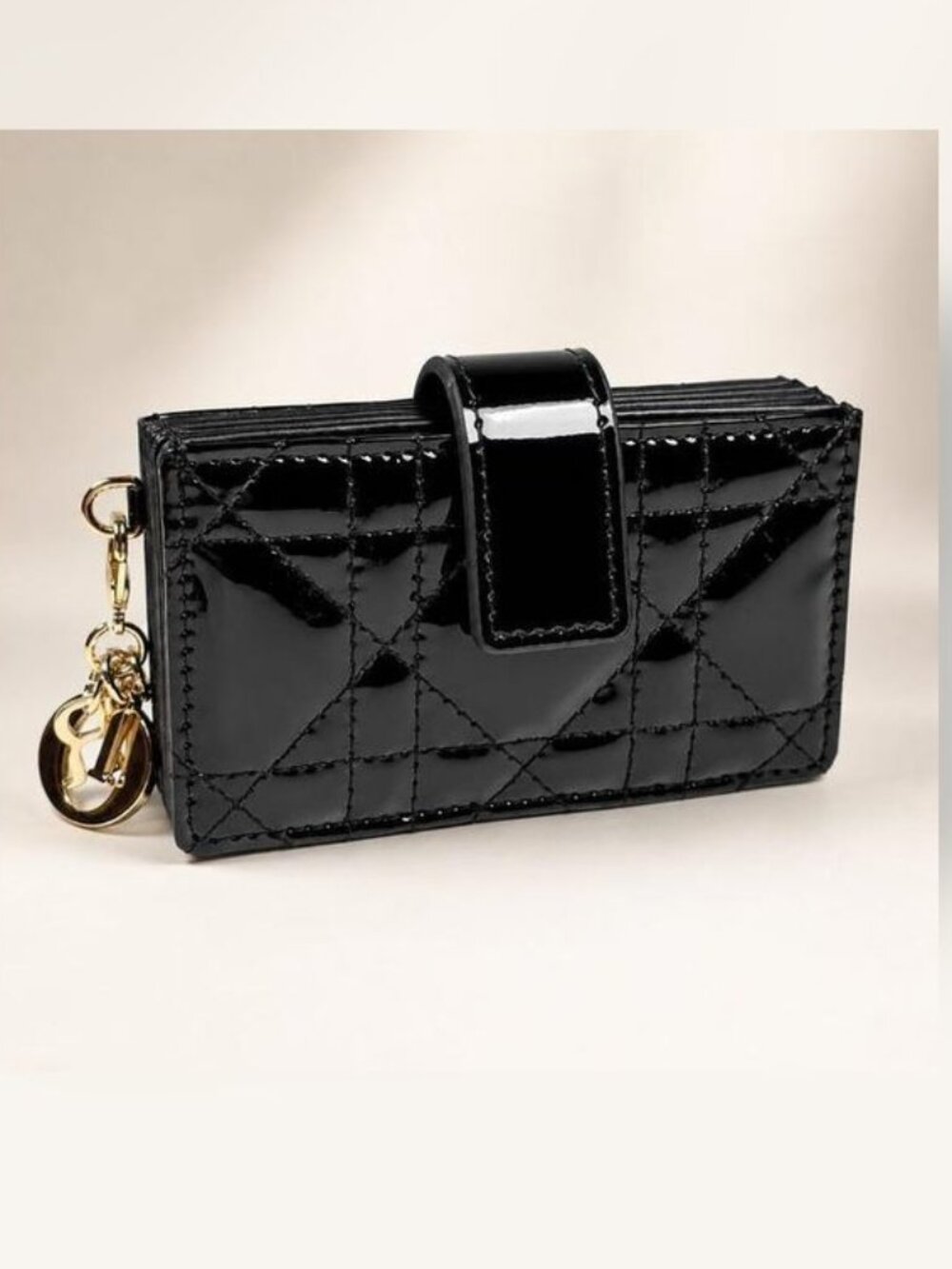 Christian Dior Black Patent Cannage Accordion Wallet Card Holder Gold Charms New